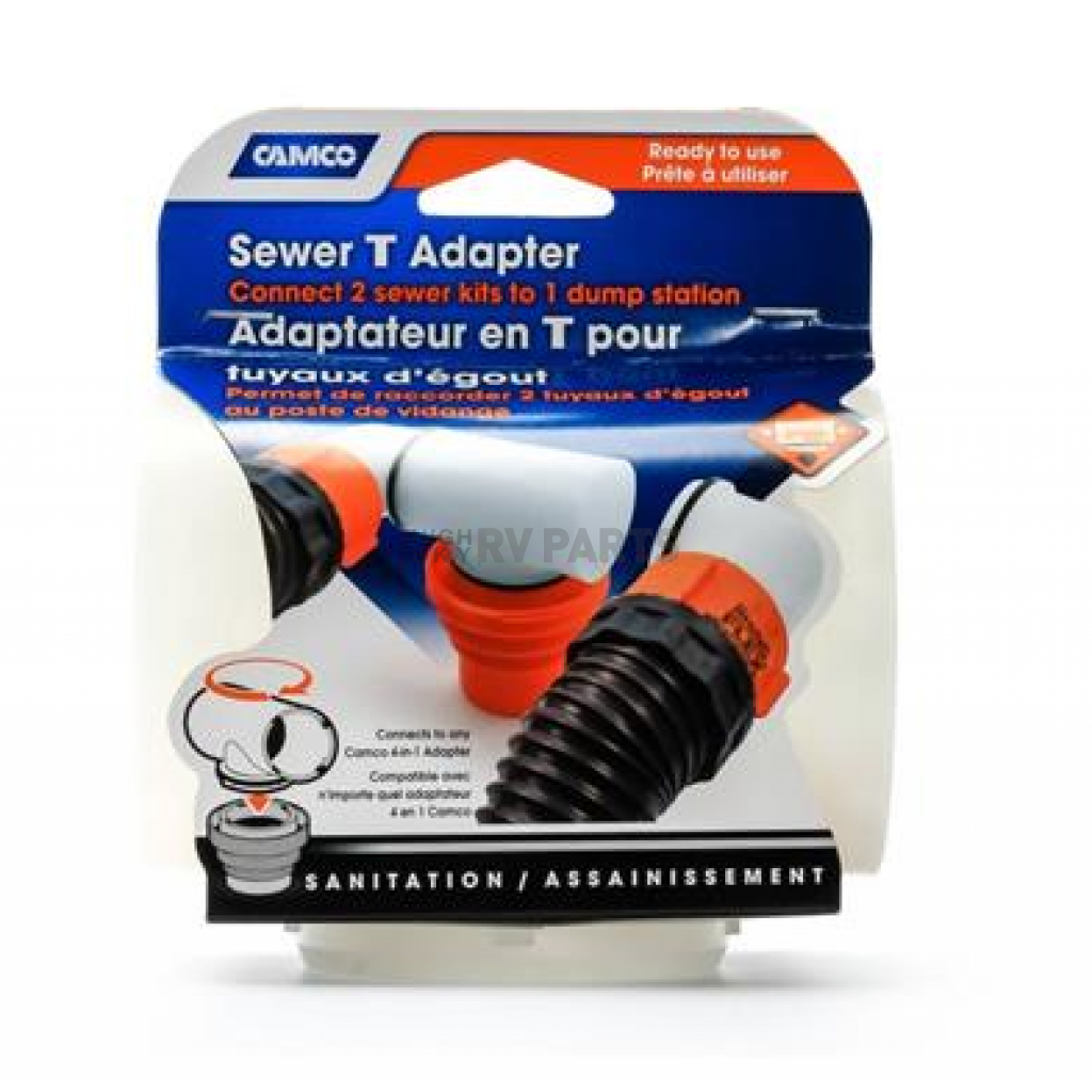 Camco RV Sewer T Adapter Includes Washer For Odor Tight Seal - Connects Two Sewer Kits to One Dump Station No Clamps or Tools Required 39734 