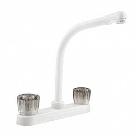 RV Kitchen Faucet 10'' Hi-Rise Spout, 2 Smoked Knobs, White